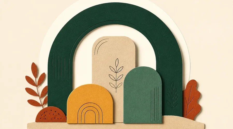 Trois bâtiments arrondis sable, ocre et vert sauge sous une arche.