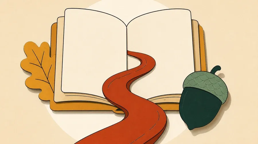 Un livre crème, un ruban terre cuite et un gland vert forêt.