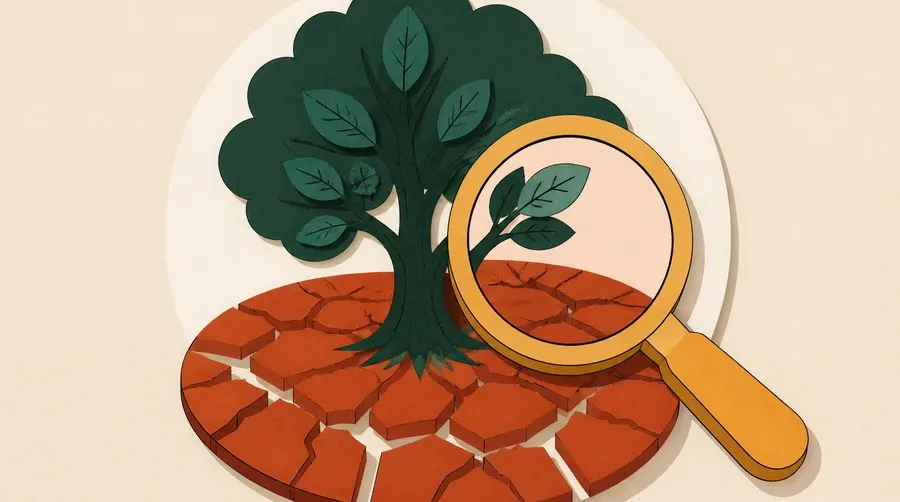 Un arbre vert forêt, un sol terre cuite fendu et une loupe ocre