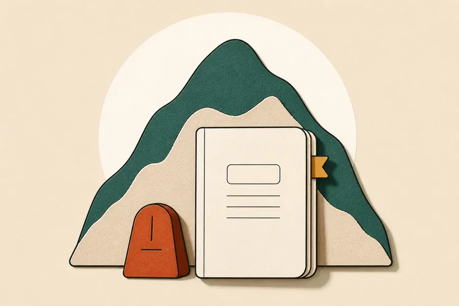 Une montagne vert sauge domine un carnet crème et une pierre terracotta.