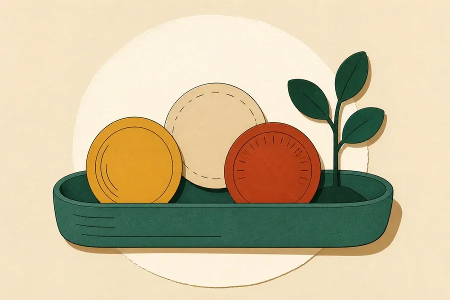 Plateau vert sauge avec pièces ocre, sable, terracotta et pousse vert forêt.