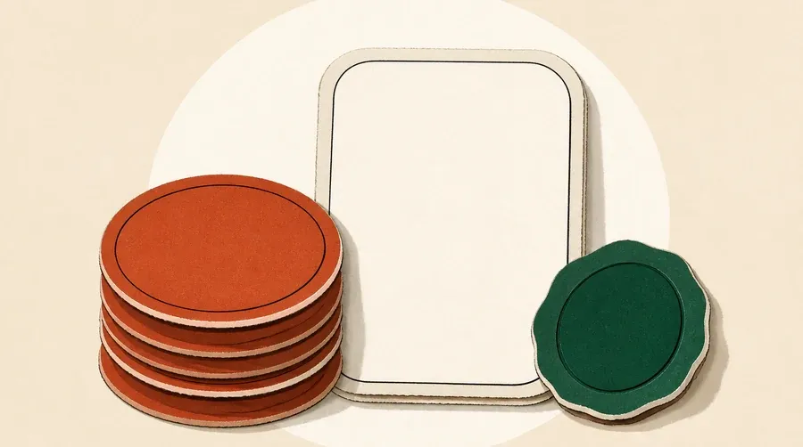 Jetons terre cuite, tablette crème et sceau vert forêt sur fond sable.