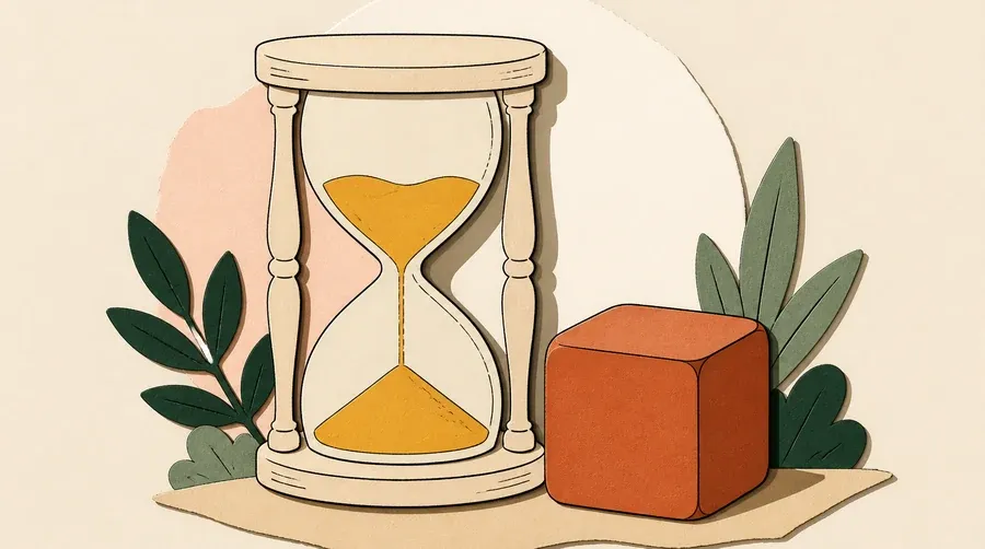 Un sablier crème, du sable ocre et un cube terre cuite.