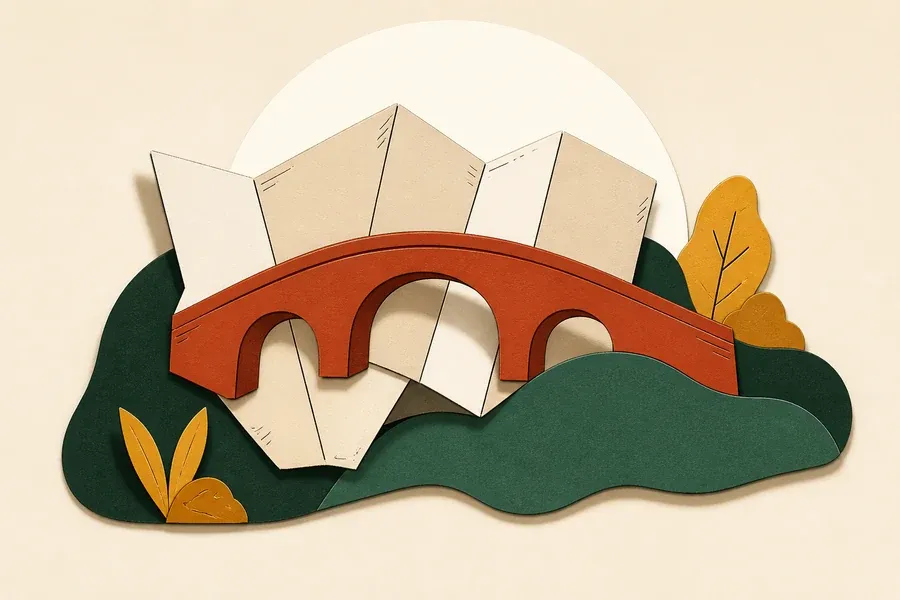 Une carte crème porte une colline vert forêt et un pont terre cuite.