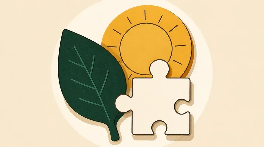 Une feuille vert forêt, un soleil ocre et une pièce crème.