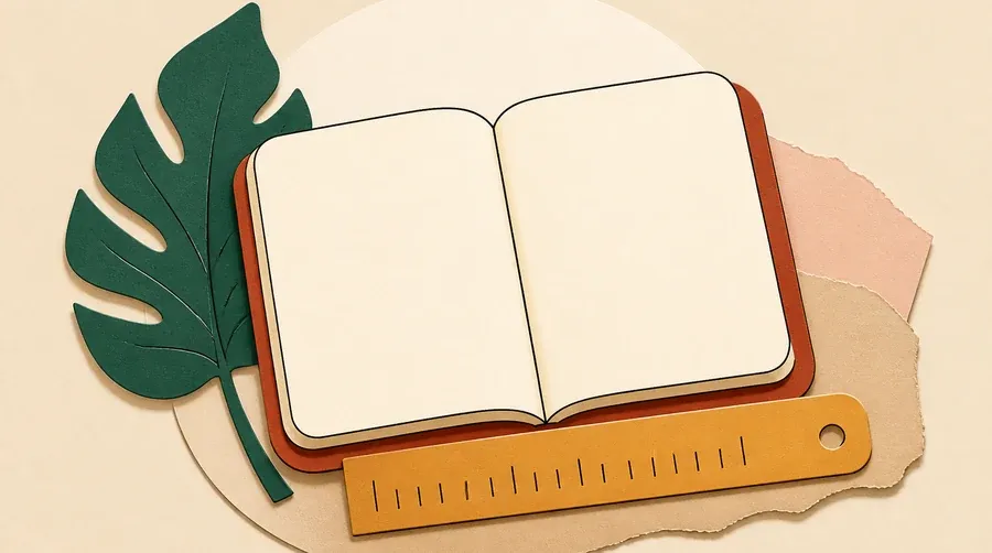 Un carnet crème, une feuille vert forêt et une réglette ocre.