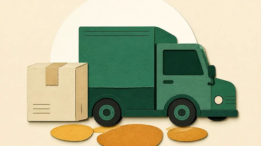 Camion vert sauge, colis sable et pierres ocre alignées.