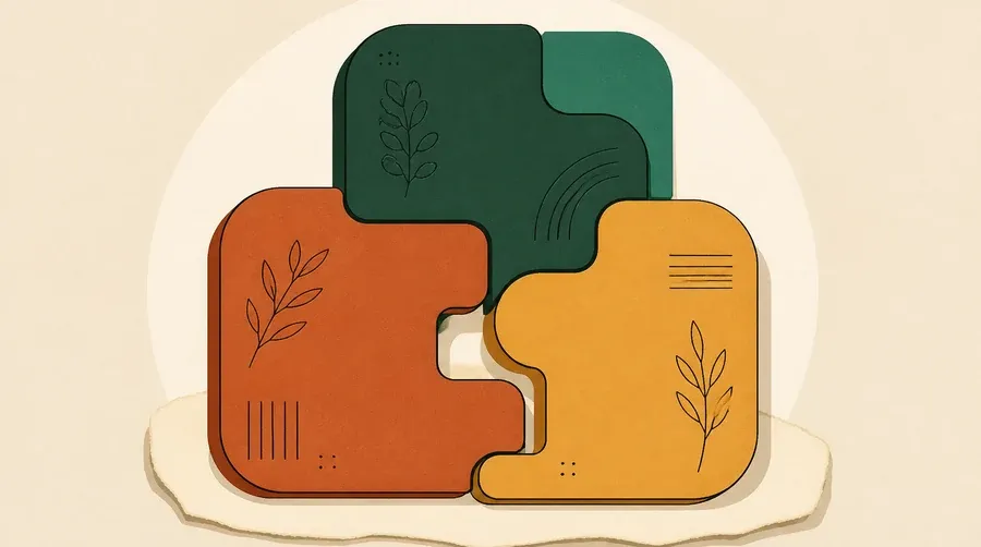 Trois blocs arrondis terre cuite, vert forêt et ocre s’emboîtent.