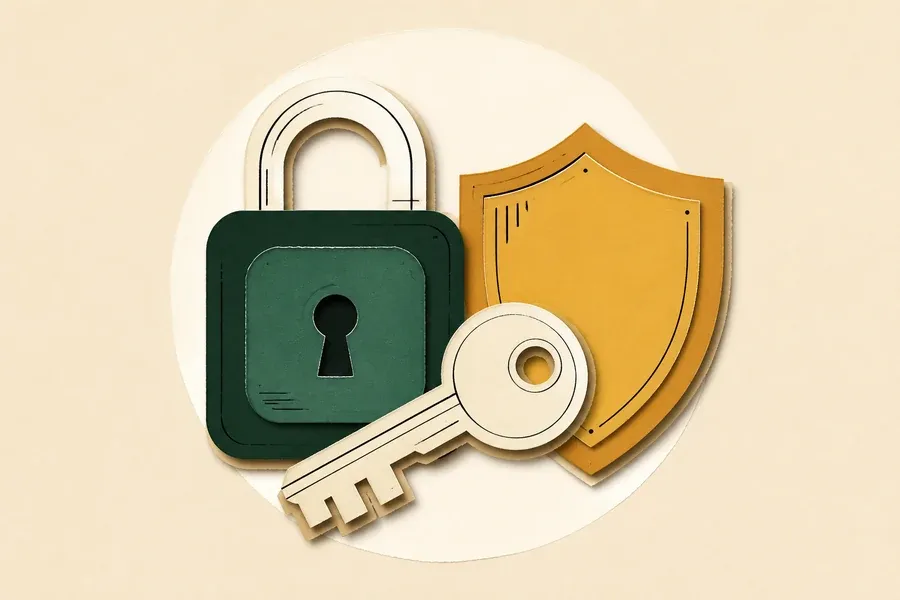 Un cadenas vert forêt, une clé crème et un bouclier ocre.