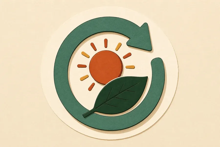 Une flèche circulaire sauge, une feuille verte et un soleil terre cuite.