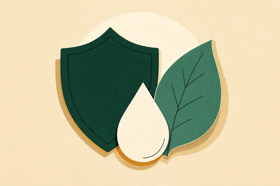 Un bouclier vert forêt, une feuille sauge et une goutte crème se côtoient.