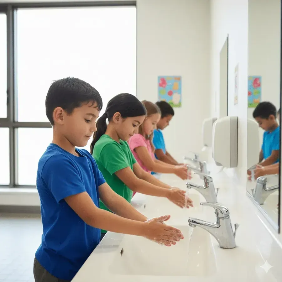 Enfants alignés se lavant les mains à des lavabos blancs dans sanitaires scolaires
