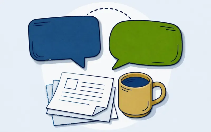 Bulles de dialogue et documents posés près d'une tasse, symbole de l'accompagnement des équipes enseignantes
