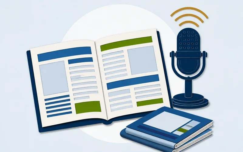 Magazine éducatif ouvert, micro de radio et tablette, illustration des relations presse dans l’éducation