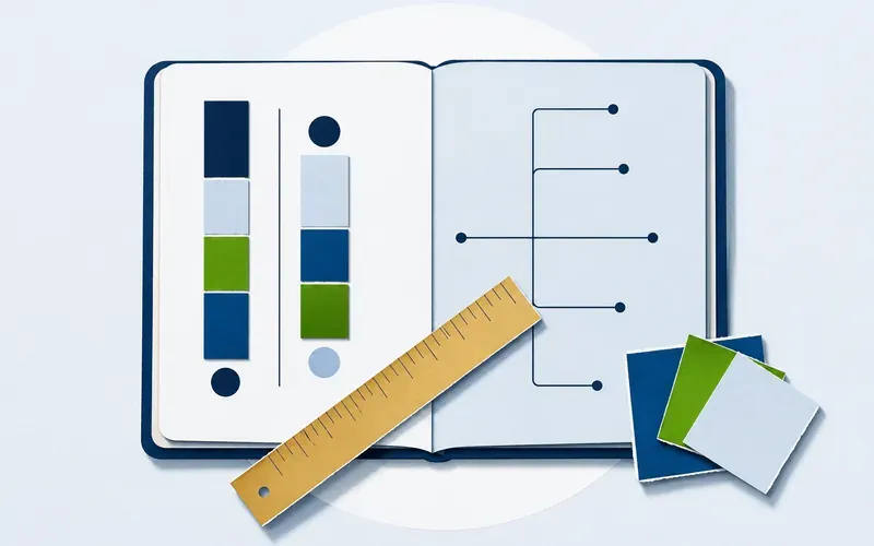 Carnet ouvert montrant des diagrammes en barres et un schéma de flux, posé près d’une règle et de fiches colorées