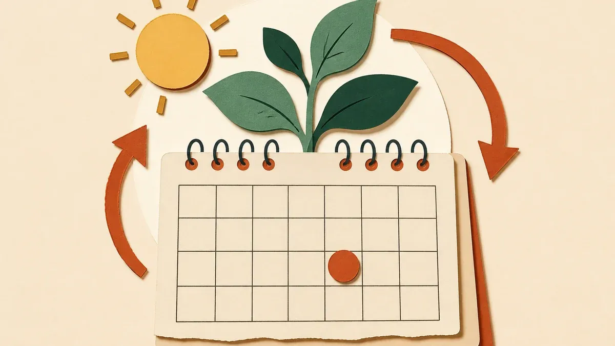 Calendrier mural en papier découpé d’où pousse une jeune plante, entouré d’un soleil et de flèches de recyclage, collage éditorial