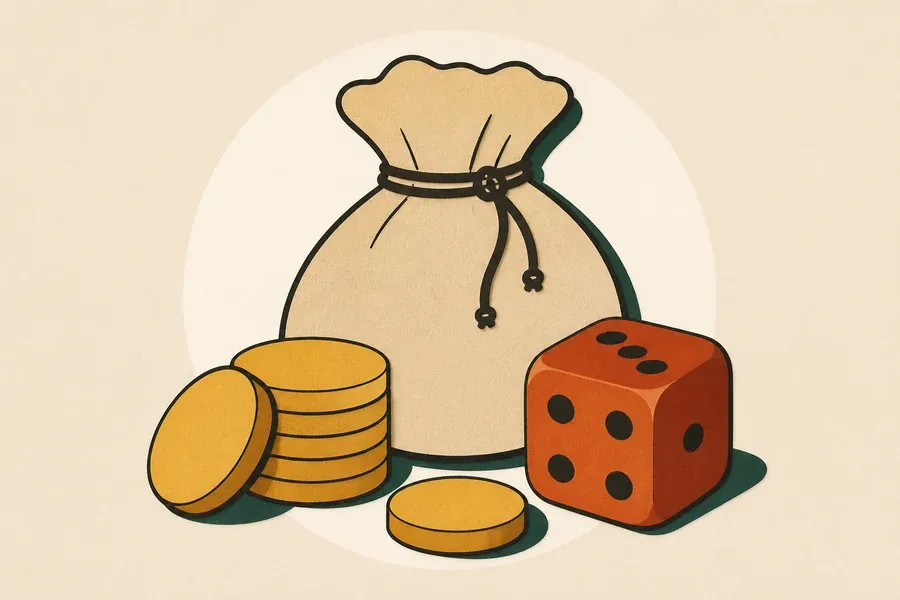 Bourse sable, pièces ocre et dé terre cuite posés ensemble.
