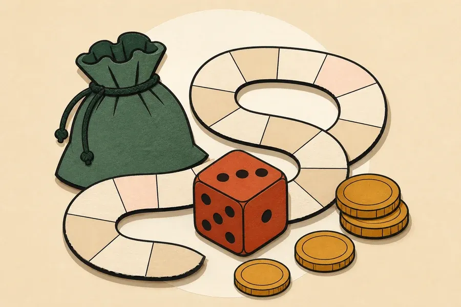 Parcours crème, bourse vert sauge, dé terre cuite et pièces ocre.