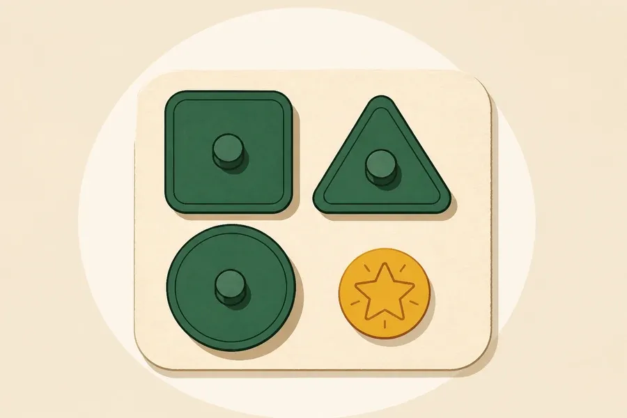 Plateau crème, blocs vert sauge et jeton ocre bien visibles.