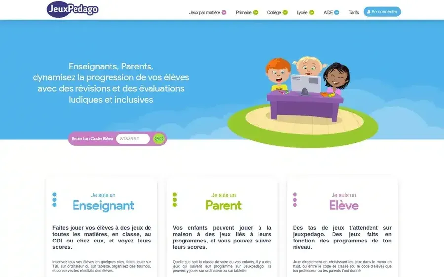 Page JeuxPedago bleue avec menu supérieur, slogan central et trois profils Enseignant Parent Élève