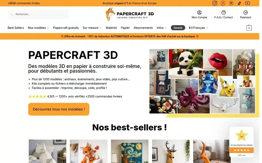 Page d’accueil Papercraft 3D avec logo, menu, promotions et modèles en papier colorés