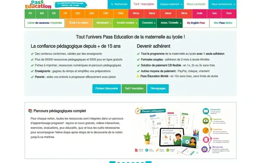 Page d’accueil Pass Education colorée avec menus scolaires, offres d’adhésion et parcours pédagogiques