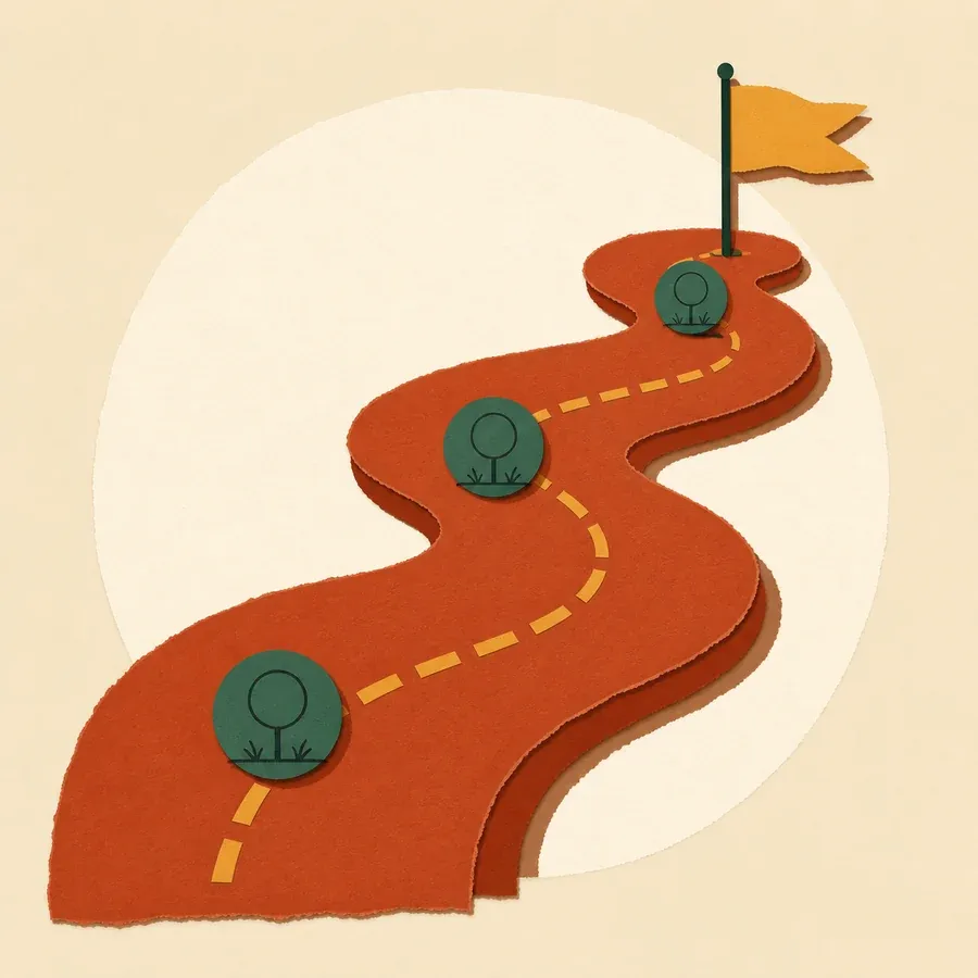 Chemin ocre sinueux, pointillés jaunes, trois arbres verts et drapeau jaune
