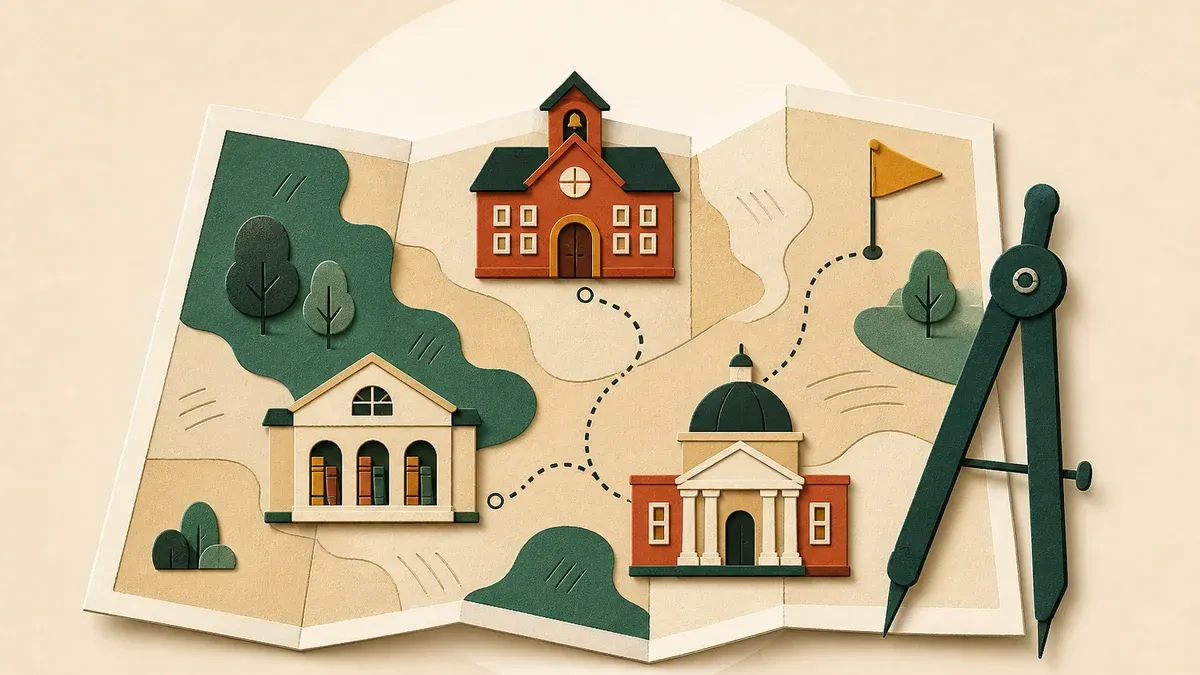 Illustration en papier découpé : carte dépliée avec école, bibliothèque, mairie, trajet pointillé, drapeau et compas.