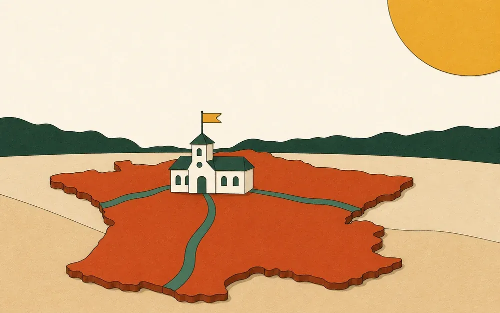 Carte terre cuite avec église crème, chemins verts, collines sombres et soleil ocre