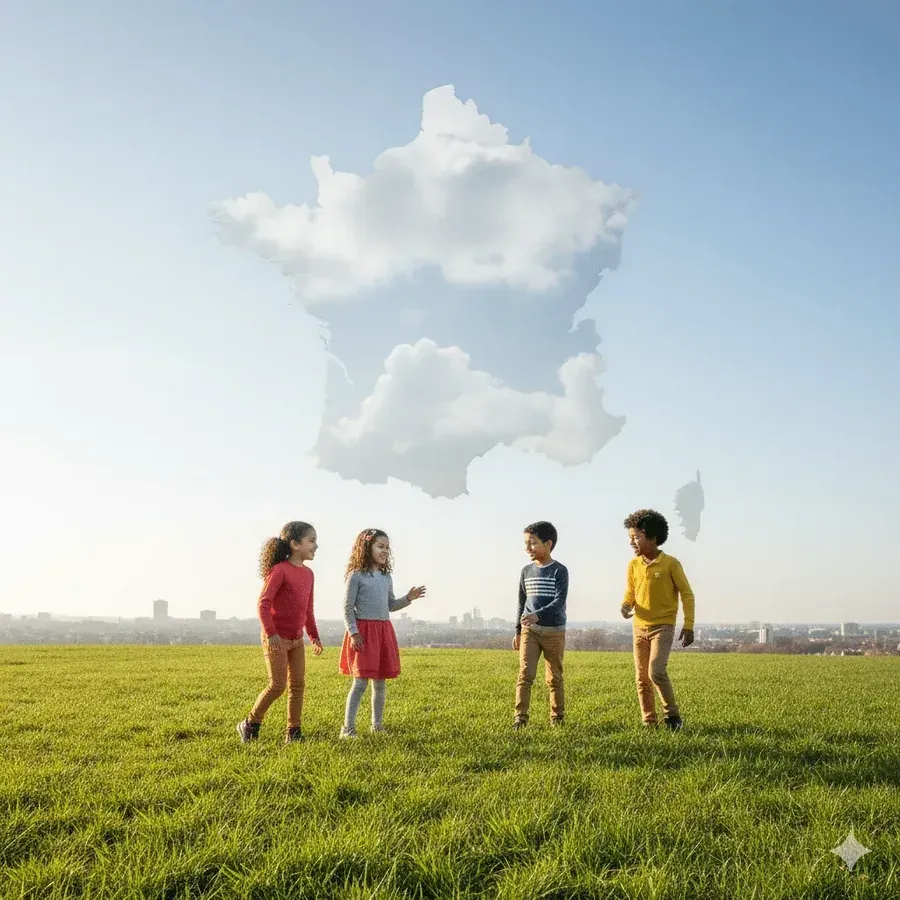 Enfants jouant dans un champ sous des nuages en forme de France