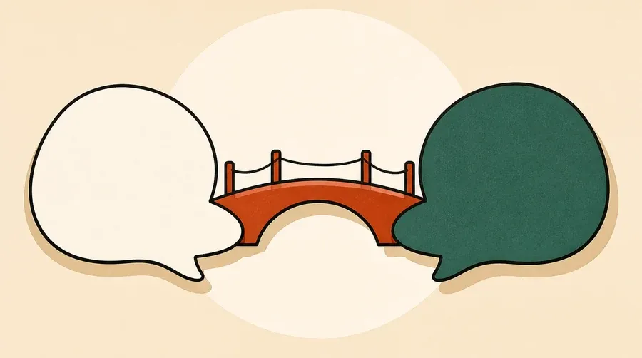 Deux galets de parole crème et vert sauge reliés par pont terre cuite.