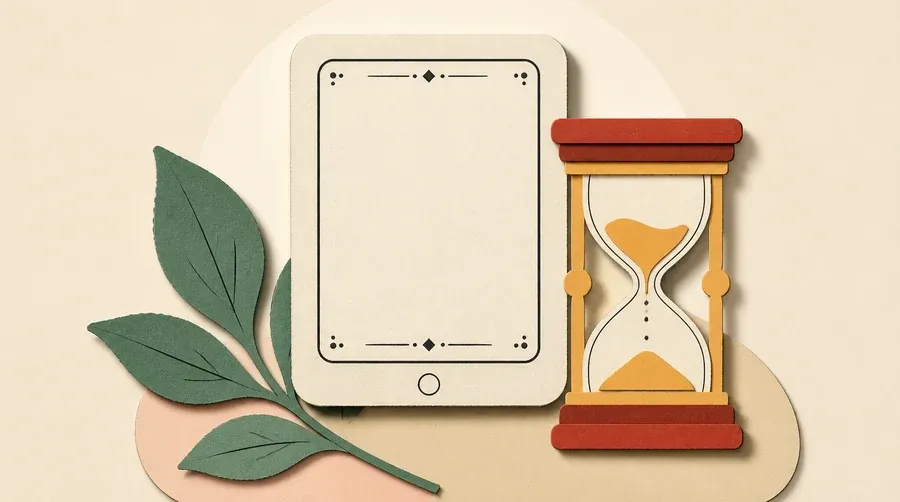 Tablette crème, sablier ocre et feuille vert sauge en équilibre.