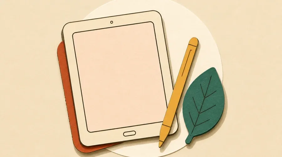 Une tablette encre sombre, un stylet ocre et une feuille sauge.