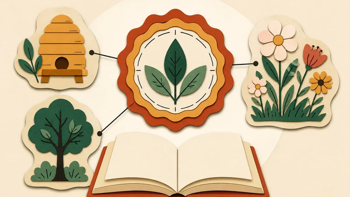 Illustration en papier découpé : rosette avec feuille reliée à une ruche, une prairie fleurie, un jeune arbre et un livret.
