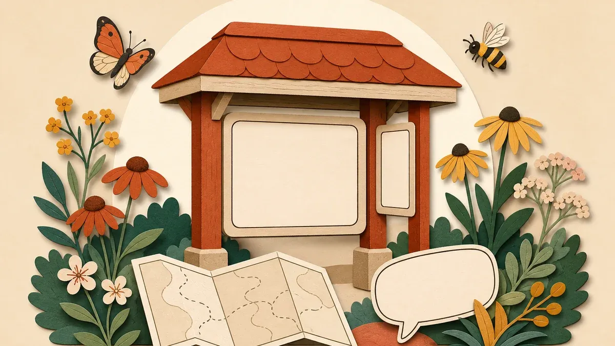 Illustration en papier découpé : kiosque de parc avec panneaux vides, fleurs, papillon, abeille, bulle et carte pliée.