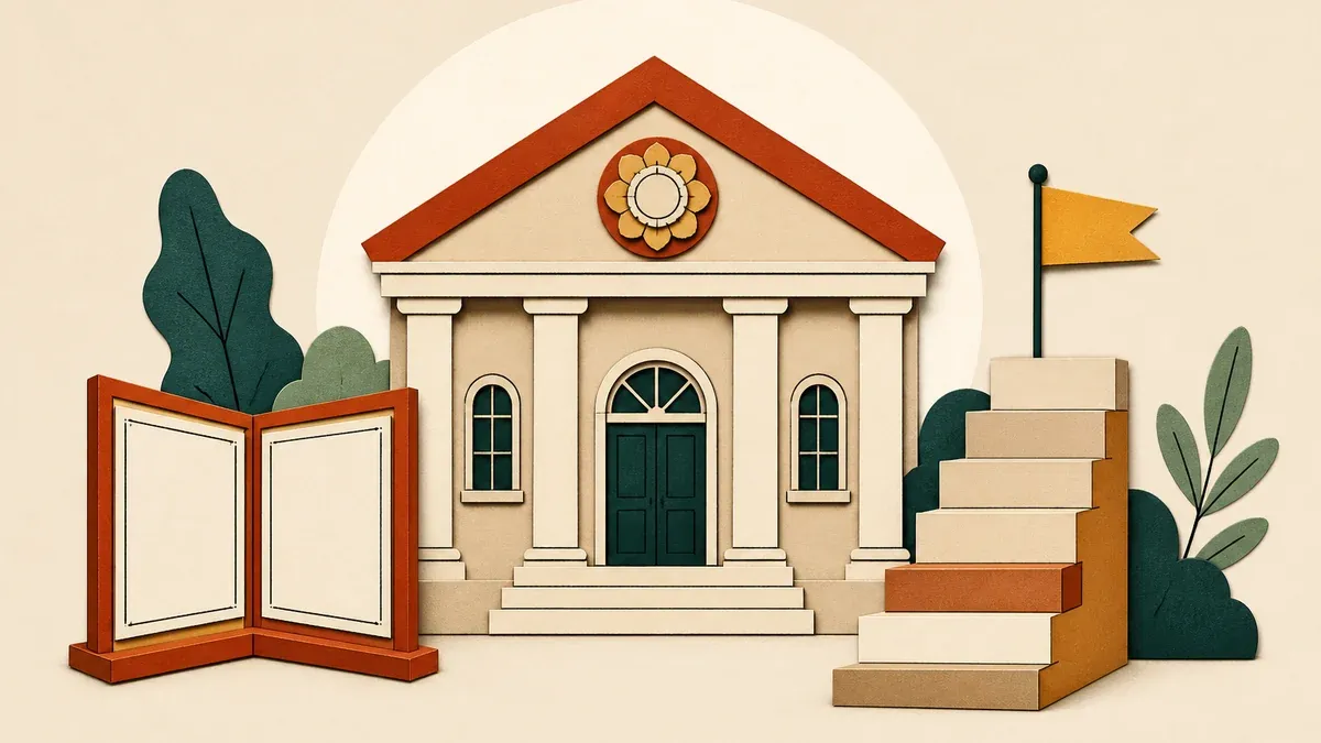 Illustration en papier découpé : bâtiment public avec badge, vitrine à panneaux vides et escalier menant à un drapeau.