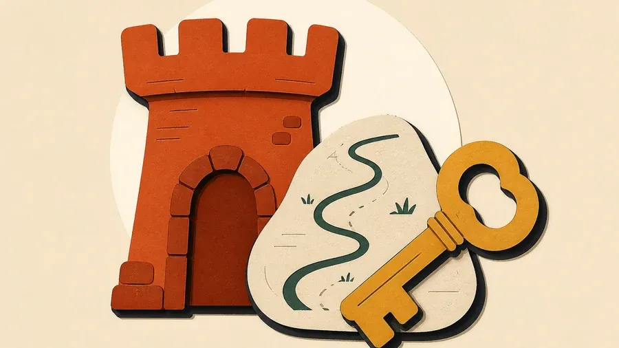 Une tour terre cuite, un galet crème et une clé ocre.