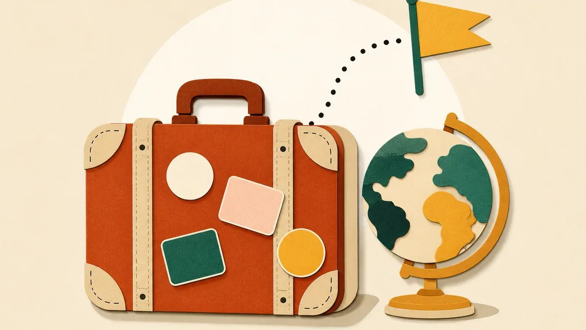 Valise en papier découpé aux autocollants vierges près d’un globe en papier et d’un itinéraire en pointillés menant à un fanion, collage éditorial