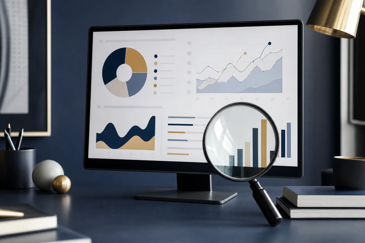 Tableau de bord d’audience web avec une loupe posée devant l’écran
