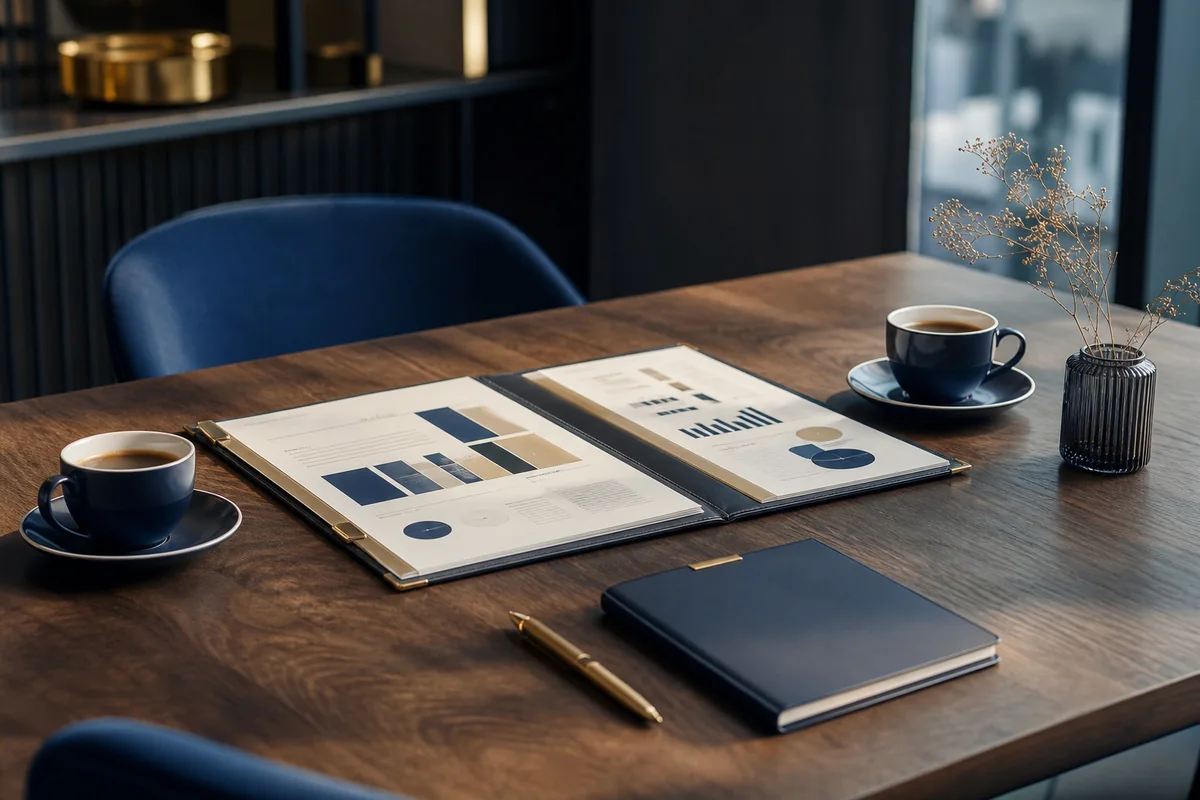 Table de réunion avec un dossier de plan média ouvert et deux tasses de café