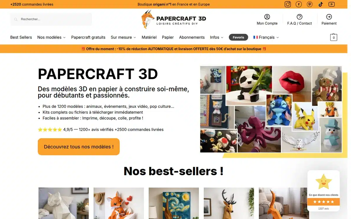 Capture d'écran de la page d'accueil du site Papercraft-3D