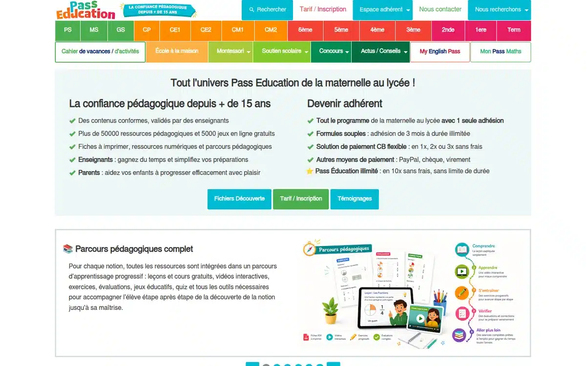 Capture d'écran de la page d'accueil du site Pass Éducation