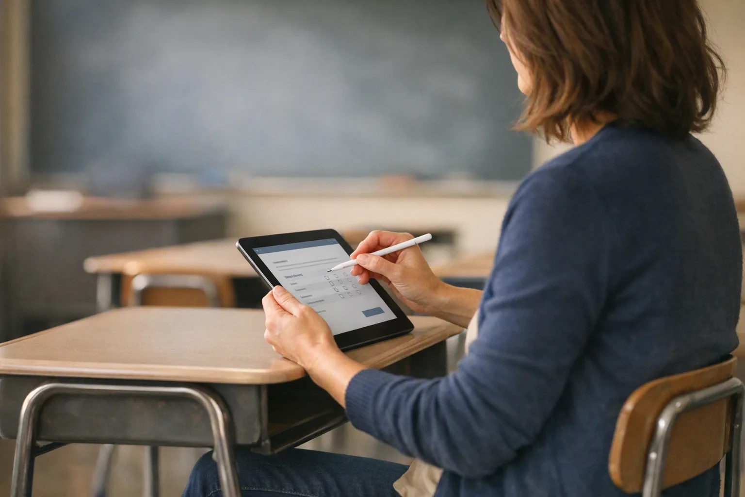 Enseignante répondant à un questionnaire sur une tablette dans une salle de classe vide