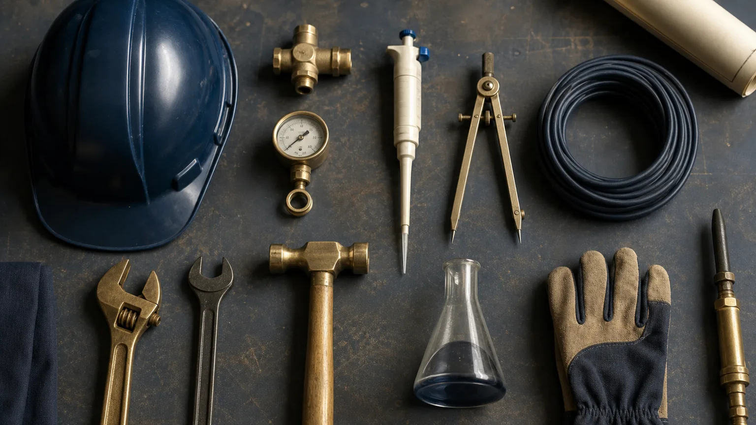 Objets de plusieurs métiers alignés sur un établi : casque, clé, pipette, compas