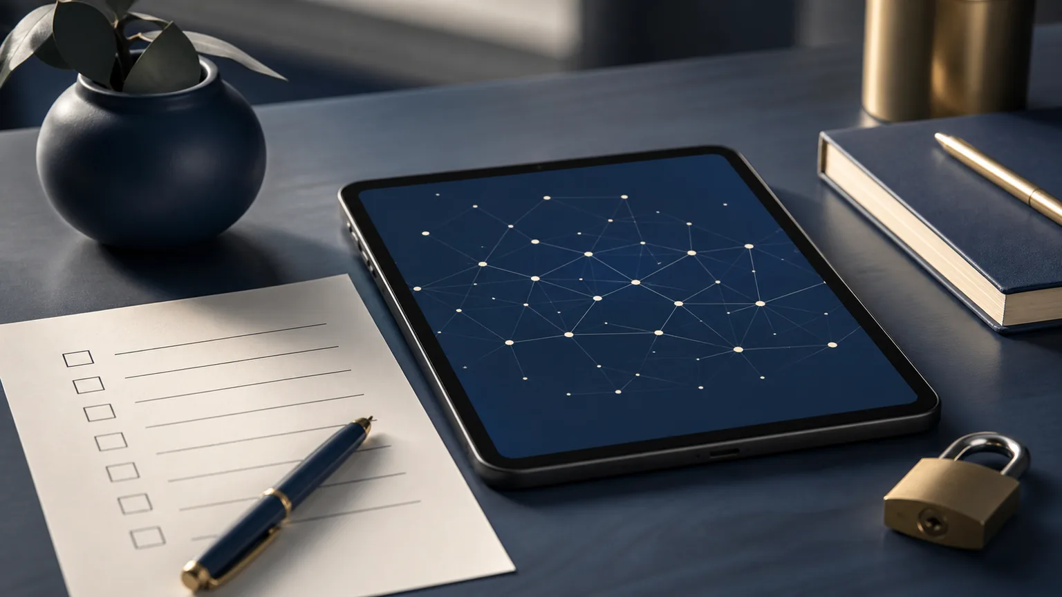 Tablette affichant un réseau de nœuds, fiche d’activité et cadenas posé sur un bureau