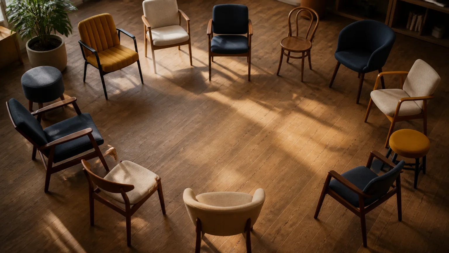 Cercle de chaises disposées pour un débat en classe, vu de dessus