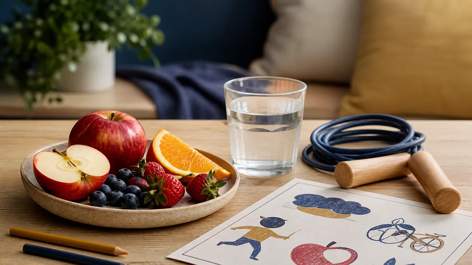 Acteurs de la santé : comment sensibiliser les jeunes à la prévention et aux bons comportements ? Fruits frais, verre d’eau et corde à sauter à côté d’une fiche d’activité