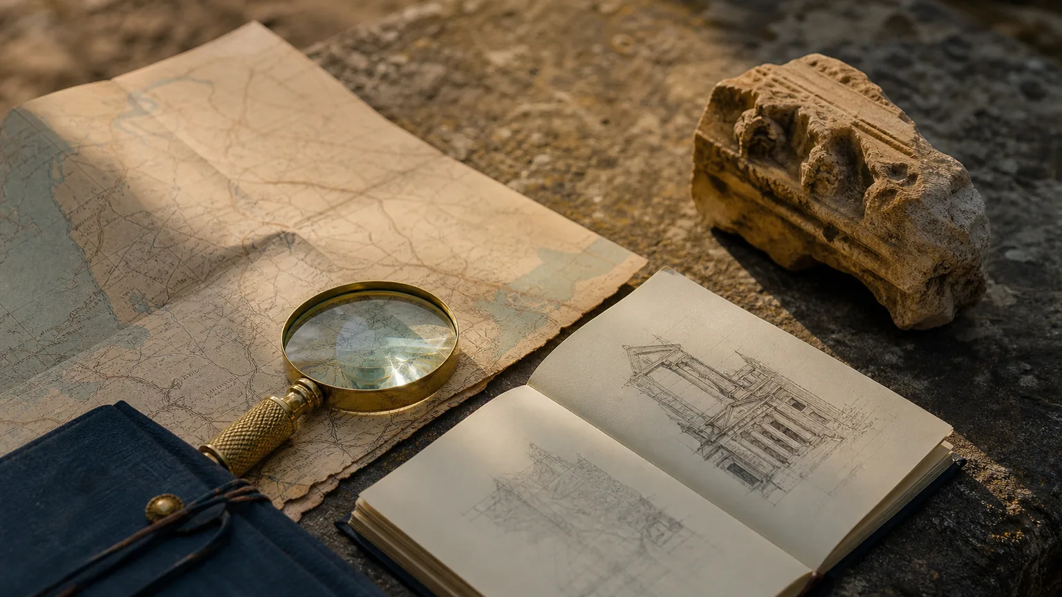 Carte ancienne, loupe et carnet de croquis posés sur une pierre taillée